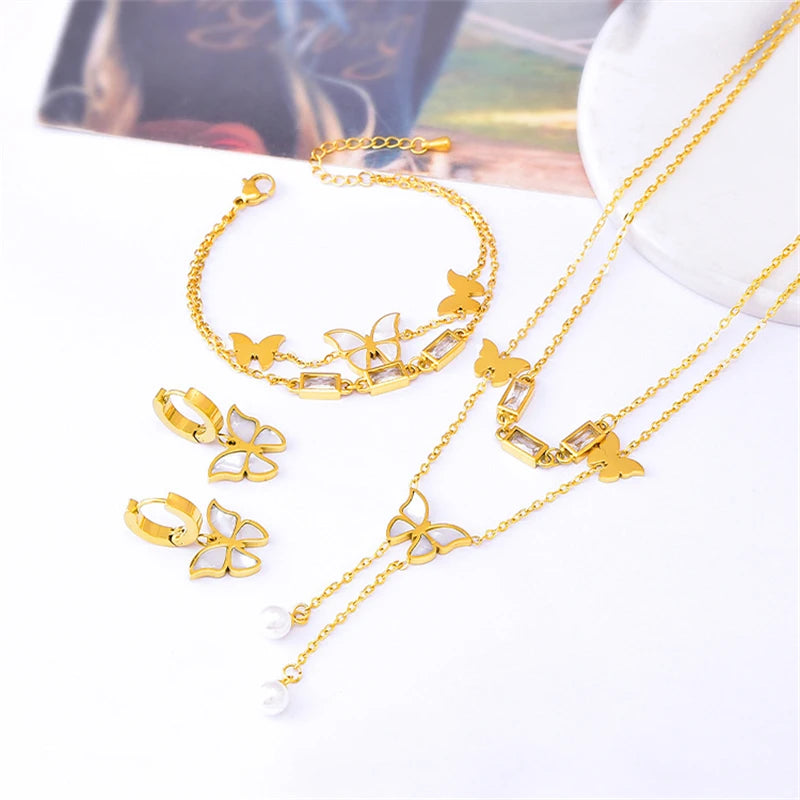 316L Stainless Steel New Fashion Fine Jewelry Natural Seashells Butterfly Pearl Charm Chain Necklaces Bracelet Earring For Women