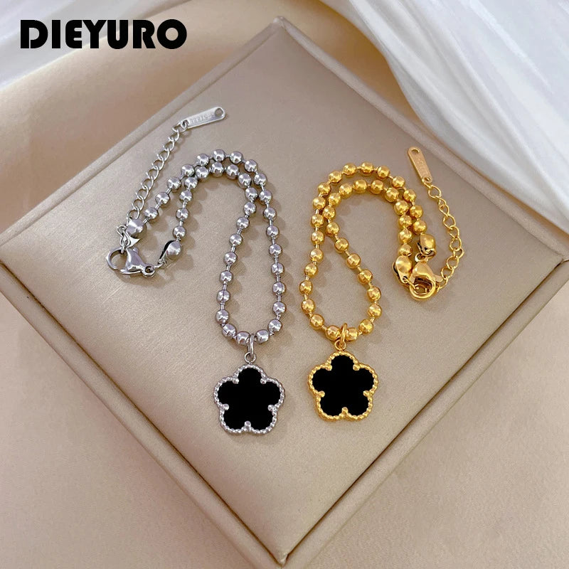 DIEYURO 316L Stainless Steel Black Flower Charm Bracelet For Women Fashion 2-Color Beaded Chain Waterproof Jewelry Holiday Gift