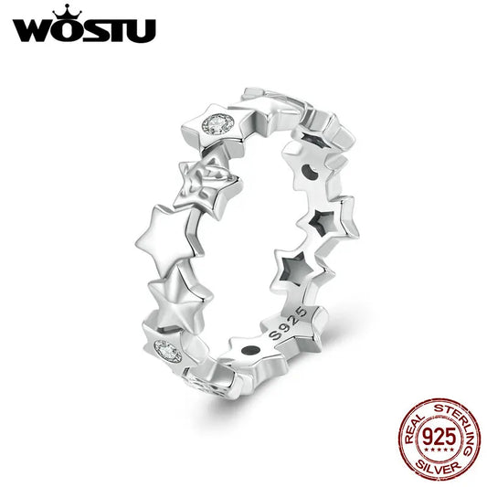 WOSTU 925 Sterling Silver 925 Sparkling Stars Stackable Finger Rings For Women Shiny Zircon Party Rings Valentine Birthday GIFT