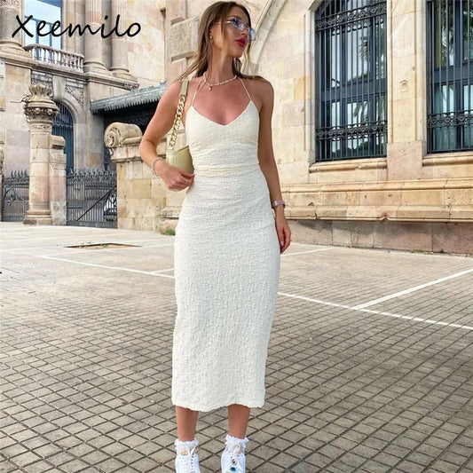 Xeemilo Elegant Strapless Halter Dress Women Sexy Low-cut Backless Texture Dresses 2022 Summer Slim Bandage High Streetwear Robe