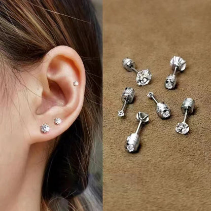 1Pc Stainless Steel Double Crystal Zircon Korean Earrings For Women Screw Ear Studs Earrings Anti Allergic Body Jewelry