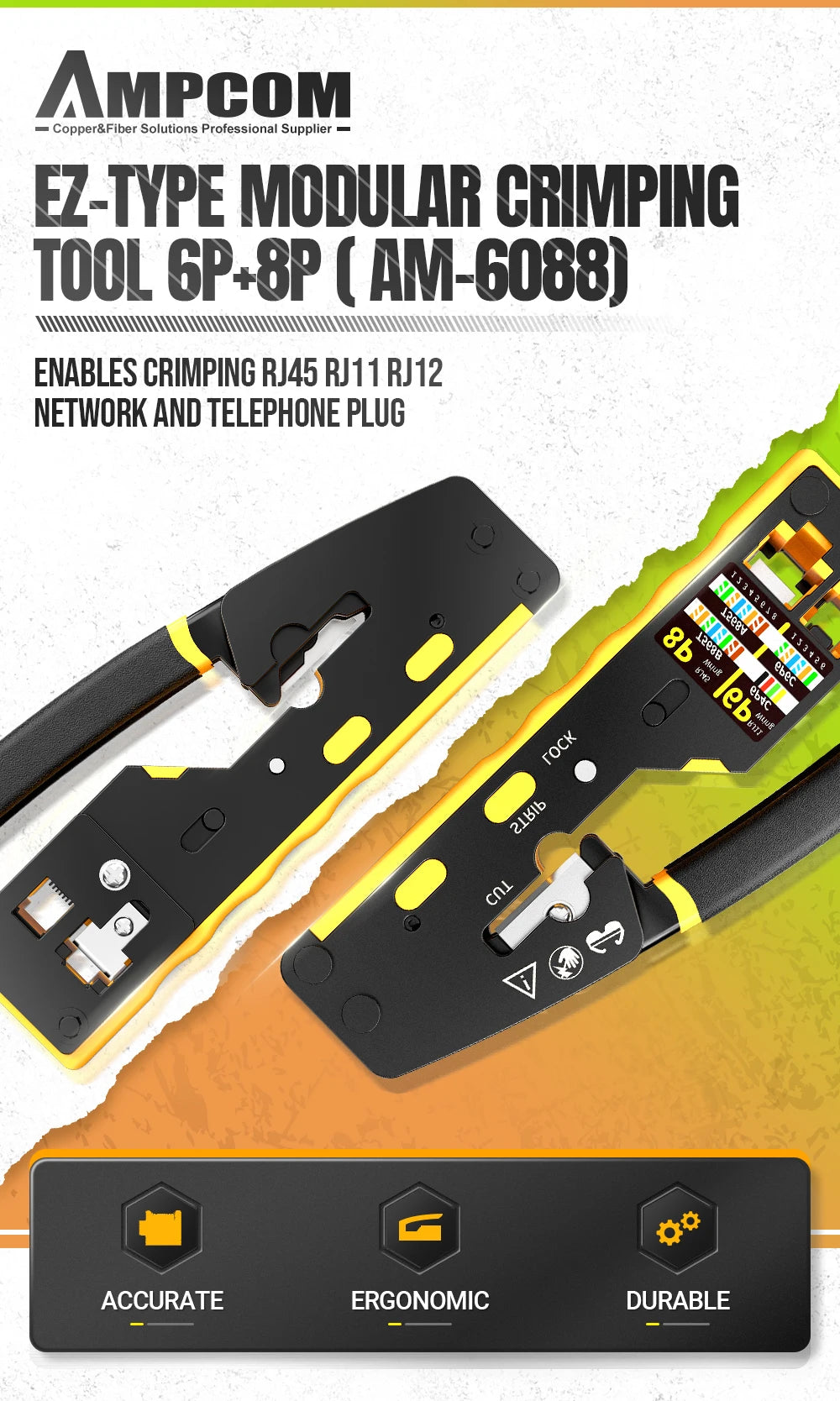 AMPCOM EZ-Type RJ45 Network Crimper - 3-in-1 Crimp/Cut/Strip Lan CAT8/7/6A/6/5E (STP/UTP) & RJ11/12 Tel Modular Cable (AM-6088)