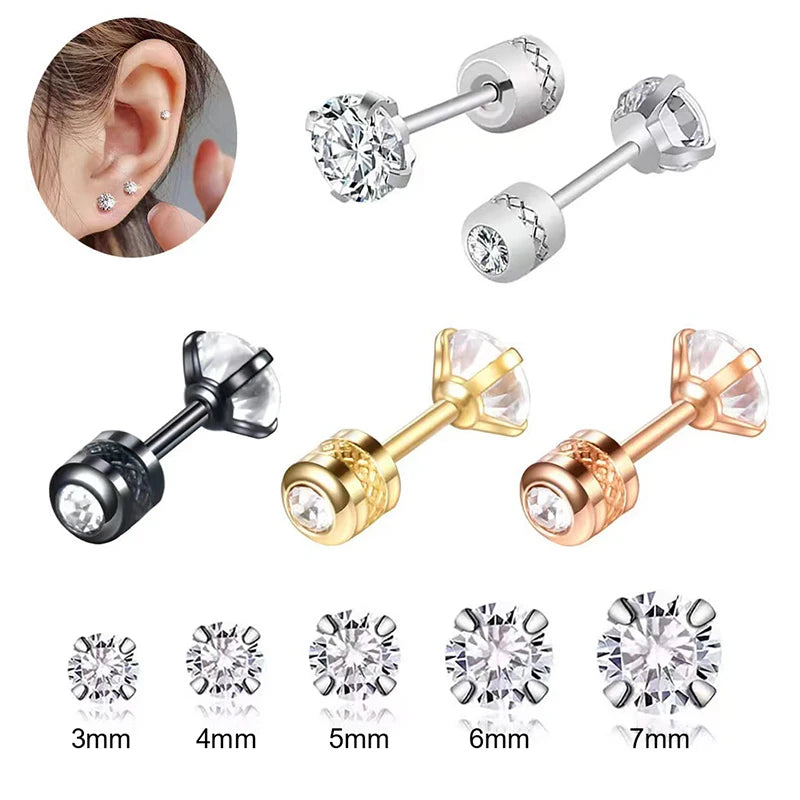 1Pc Stainless Steel Double Crystal Zircon Korean Earrings For Women Screw Ear Studs Earrings Anti Allergic Body Jewelry