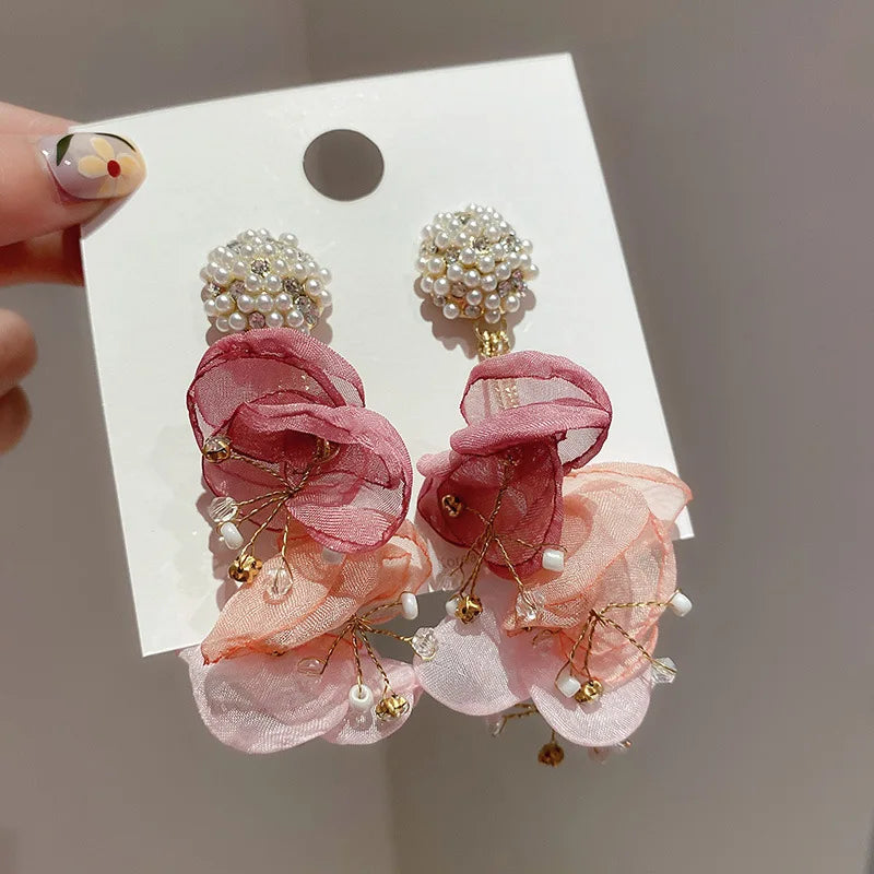 Bohemian Pink Big Chiffon Flower Earrings For Women Handmade Pearl Crystal Earrings Multi Layers Earrings Jewelry