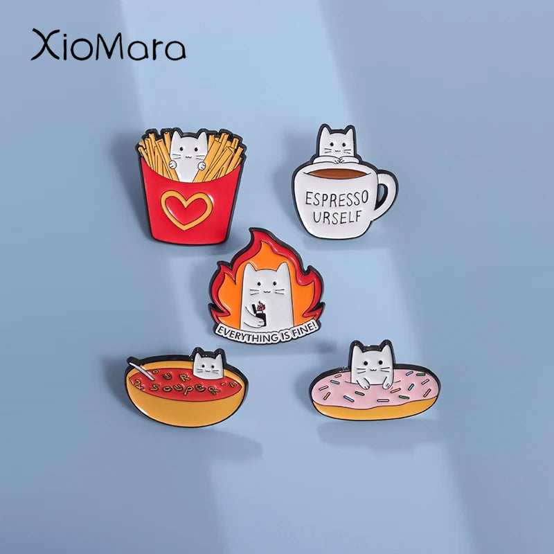 Cute Cat Enamel Pins Coffee Chip Donuts Metal Brooches Fashion Lapel Badge Backpack Clothes Animal Jewelry Gift for friends