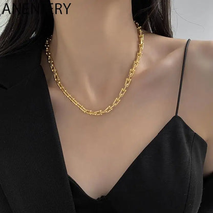 ANENJERY Silver Color U Shaped Chain Necklace for Women Geometric Chunky Necklace Party Jewelry New