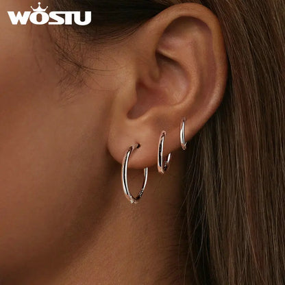 WOSTU Solid 925 Sterling Silver Simple Round Hoop Earrings for Women European Classical Rock Hoops Wedding Jewelry Accessories