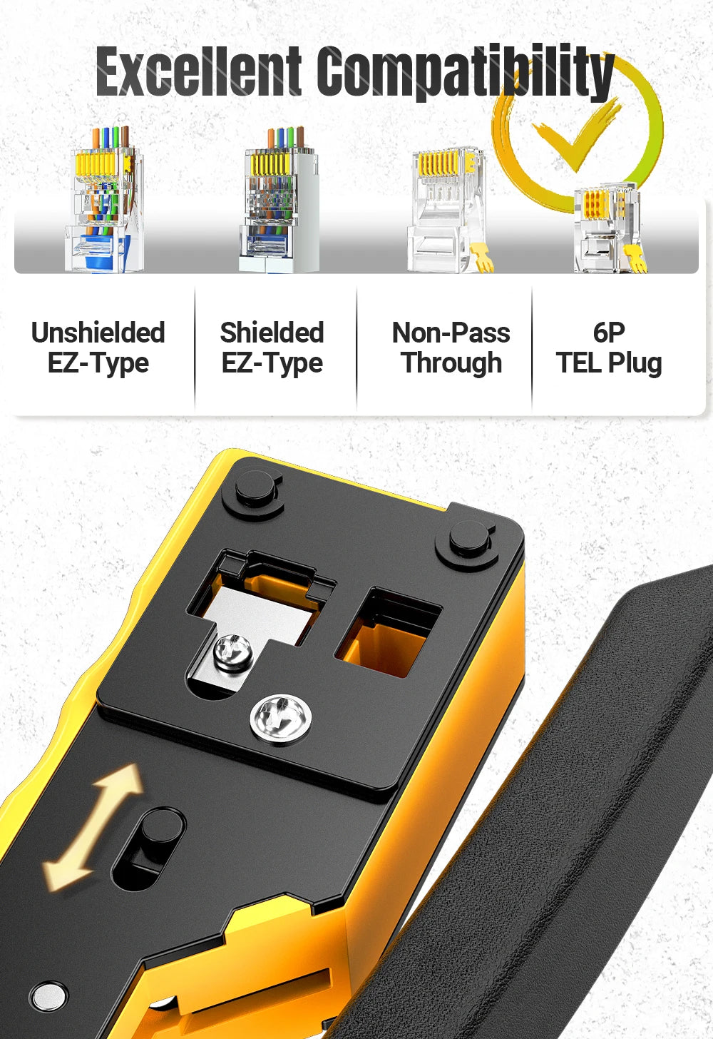 AMPCOM EZ-Type RJ45 Network Crimper - 3-in-1 Crimp/Cut/Strip Lan CAT8/7/6A/6/5E (STP/UTP) & RJ11/12 Tel Modular Cable (AM-6088)