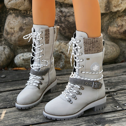 Women's Knitted Splicing Mid Calf Boots, Lace Up & Side Zipper Chunky Heeled Boots, Fashion Outdoor Boots